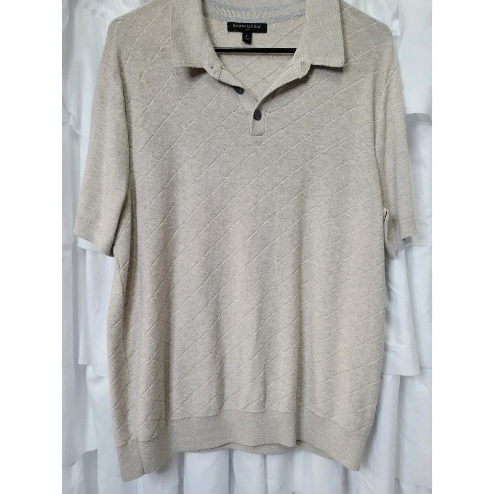 Banana Republic Mens Large Beige Diamond Quilted Knit Short Sleeve Polo  214